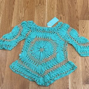Crochet Lace Women Top in Turquoise and Beige